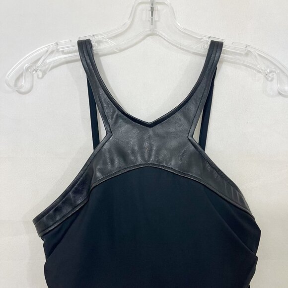 Magicsuit Black Faux Leather Trim Ruched Halter One Piece Swimsuit - Size US 8 - Picture 3 of 6